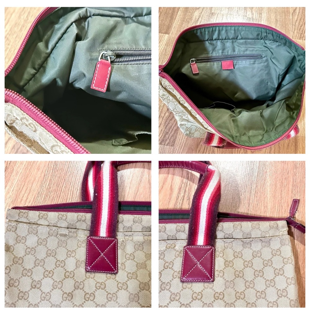 Gucci Tote Bag Sherry Line Cream Tan Gold and Red Monogram GG Supreme Zip Top - Picture 14 of 16